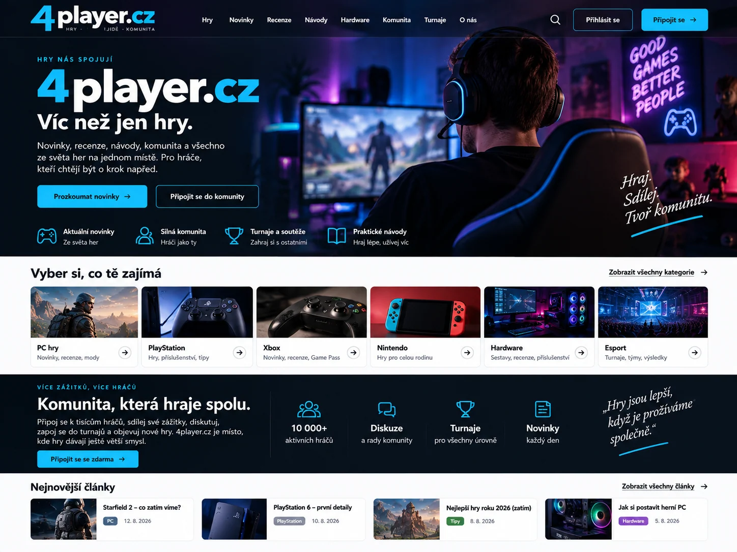 Ilustrační návrh herního portálu 4player.cz s novinkami, recenzemi a komunitními prvky